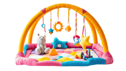 Colorful play gym with hanging toys and soft mat for infants in a bright, cheerful space