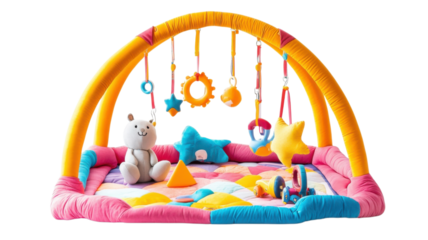 Colorful play gym with hanging toys and soft mat for infants in a bright, cheerful space
