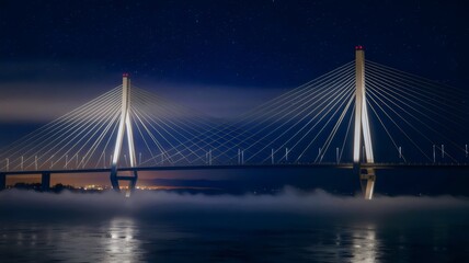 Obraz premium Suspension bridge illuminated at night – Great for infrastructure, travel promotions, or nighttime cityscapes.