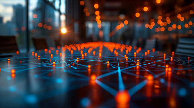 Network Connection Orange Blue Glowing Nodes, Futuristic Digital Art for Modern Technology