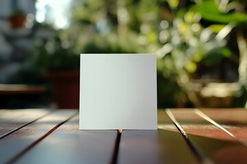 Blank white paper card on wooden table, Blurred background with green plants.