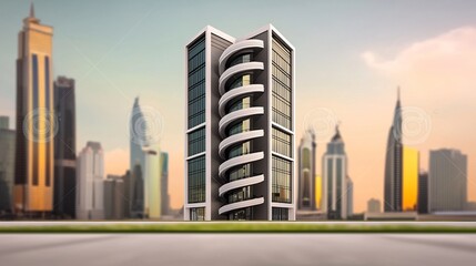 Modern spiral skyscraper in city skyline.