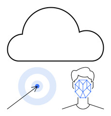 Cloud outline, digital facial recognition, and target icon with arrow to center. Ideal for data storage, AI, security, connectivity, technology precision and innovation. Minimalist flat simple