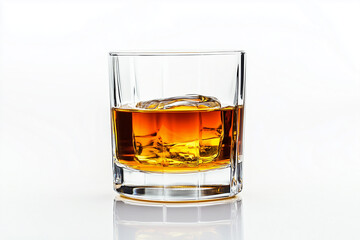 Glass of liquor with ice cube isolated on white background, On the rock liquor.