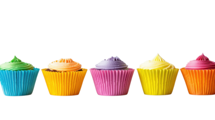 Colorful cupcakes lined up on a white surface showcasing fun frosting designs and vibrant wrappers
