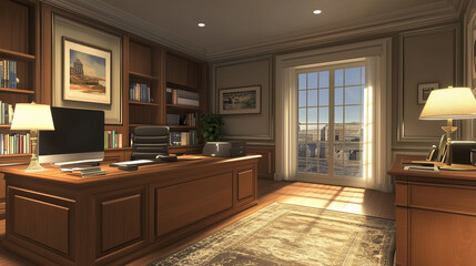 A luxuriously furnished office with a desk and shelving unit, bathed in soft light.
