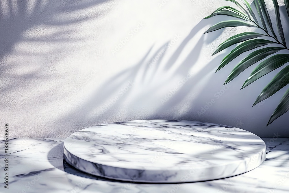 Leinwandbilder marble display surface with shadows and green foliage in a bright modern setting
