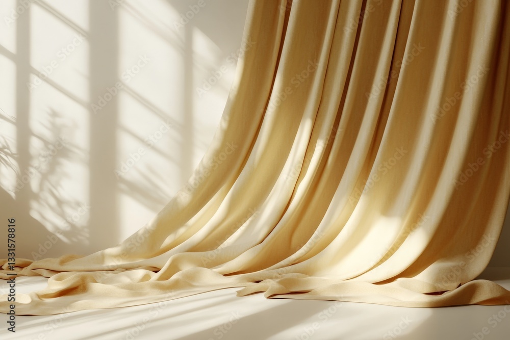 Poster soft draping curtains capture sunlight in a serene indoor space with shadows playing on the wall