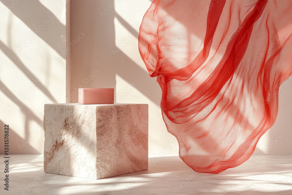 Poster elegant display of a minimalist sculpture with flowing red fabric in soft sunlight