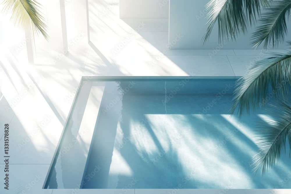 Poster beautiful pool surrounded by palm trees and bright sunlight in a modern architectural setting