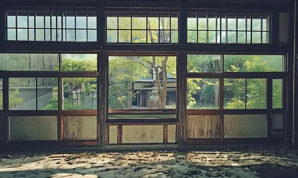 Abandoned Japanese house interior, sunlight through windows, garden view, autumn leaves