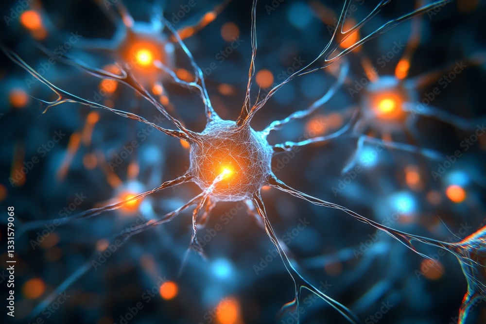 Fototapete neurons firing with glowing connections in a microscopic view during neural activity review