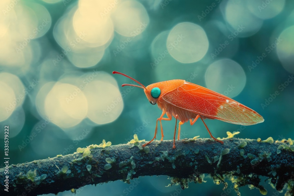 Poster colorful insect perched on a mossy branch in a lush forest setting during daylight hours