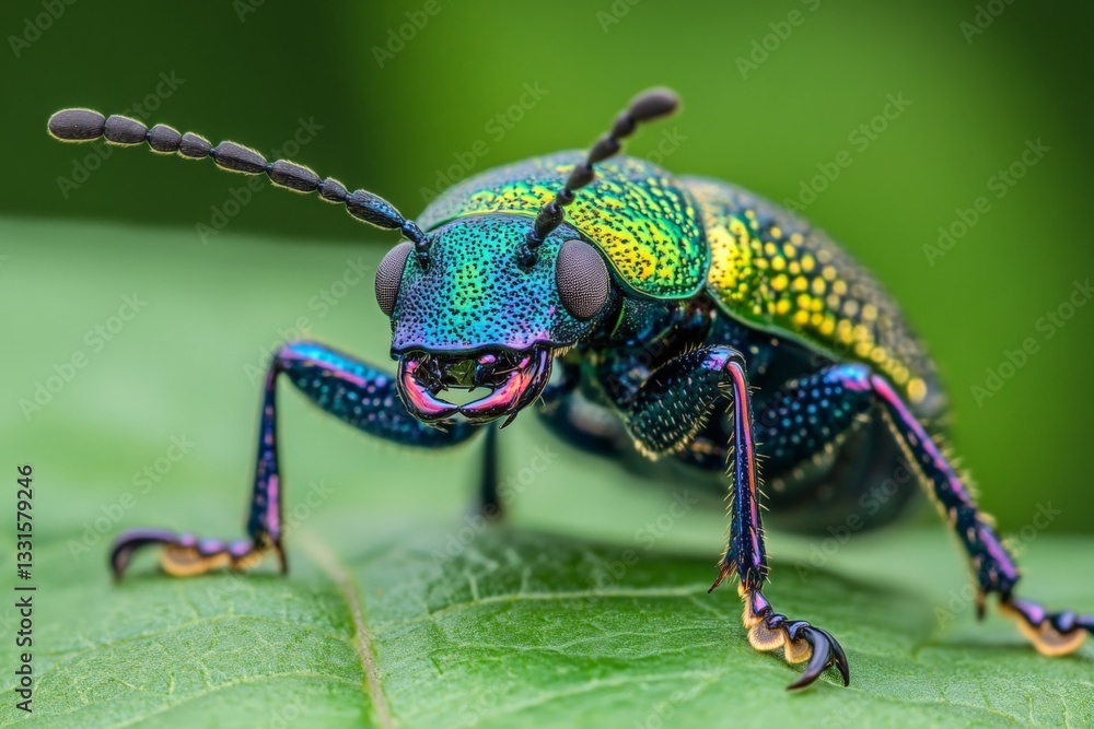 Poster vibrant beetle resting on a leaf, showcasing its iridescent colors in a lush environment during dayl