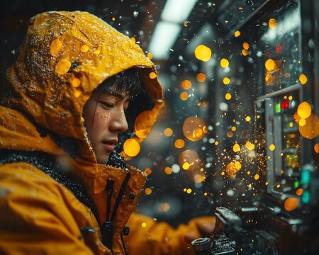 Man with Hood Operates Console in Futuristic Setting