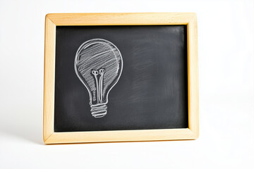 Blackboard for kid education isolated on white background, Selective focus black chalk board with light bulb on white background.