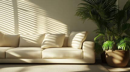 A bright, warm living room scene with sunlight streaming through window blinds. A cream-colored couch with pillows sits next to a potted plant.

