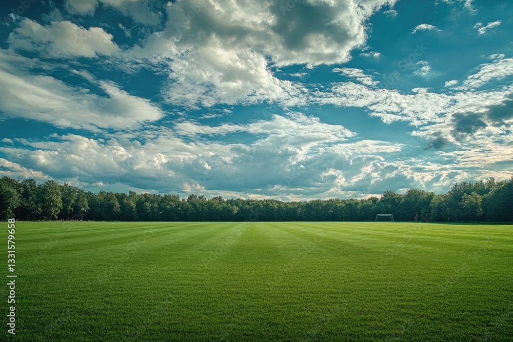 Poster a serene scene of a lush green grassy area with trees in the background, ideal for use in landscape 