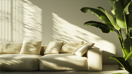A cream-colored sofa sits in a sunlit room next to a green houseplant. Sunlight streams in through window blinds, casting shadows on the wall.

