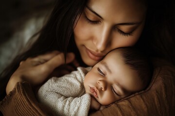 Mother holding her sleeping baby in a warm, intimate moment of love and tenderness.