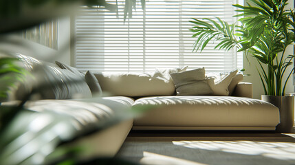 A cozy living room is bathed in natural light, with a plush couch and indoor plants
