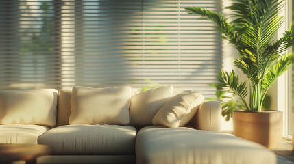 Sunlight streams through blinds onto a cozy cream-colored couch with pillows, next to a potted plant