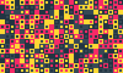 Abstract geometric pattern with vibrant squares in pink, yellow, and gray.  Ideal for backgrounds, textiles, or modern design projects.