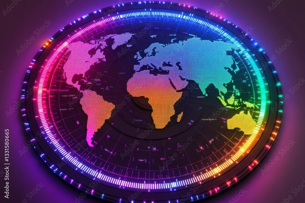 Aufkleber digital map displaying a colorful representation of the world with vibrant neon accents at night