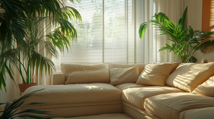 A bright living room features a cream sectional sofa. Light streams through the window, illuminating lush plants.

