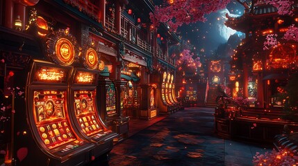 A cinematic dragon-themed casino, where slot machines glow with deep red and gold hues. The reels spin with ancient dragon seals, rune-covered treasure maps, and mythical fire-breathing creatures,