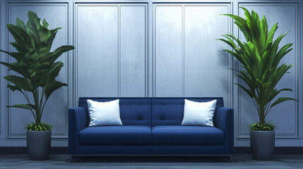 a blue sofa centered between two large potted plants. Two white pillows are on the sofa in front of a paneled wall.