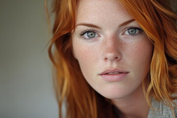 Naklejka premium Portrait of a young woman with striking red hair and green eyes in soft natural light