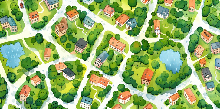 Detailed town map, houses, streets, green areas, top view, cartoon style, white background. Vintage watercolor look adds charm.