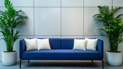 A blue couch with white pillows is centered in front of a gray, tiled wall. Two large potted plants flank the couch, completing the minimalist, modern interior.
