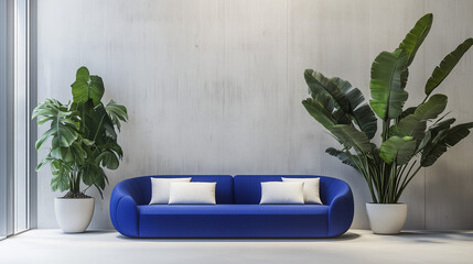 a blue sofa with white pillows sits against a textured wall, flanked by lush potted plants.