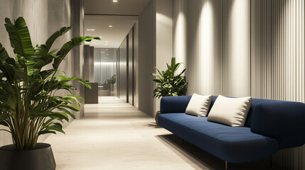A modern corridor features a blue couch with white pillows, accented by potted plants on either side. 