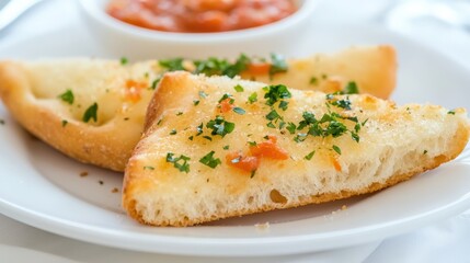 Delicious Garlic Bread Slices with Herbs and Tomato Dip in White Dish