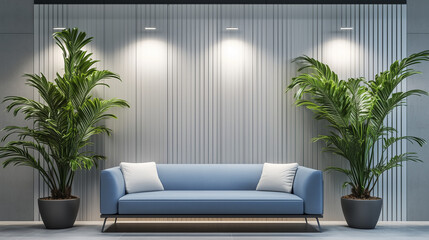 A staged scene, likely stock photography, of a blue sofa set between two potted plants.