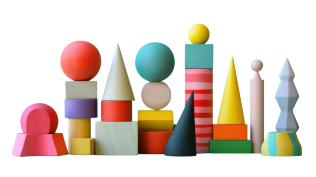 Colorful wooden building blocks arranged in various shapes and sizes for creative play