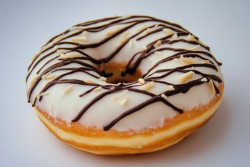 A sweet treat featuring a white frosted donut with chocolate and white icing