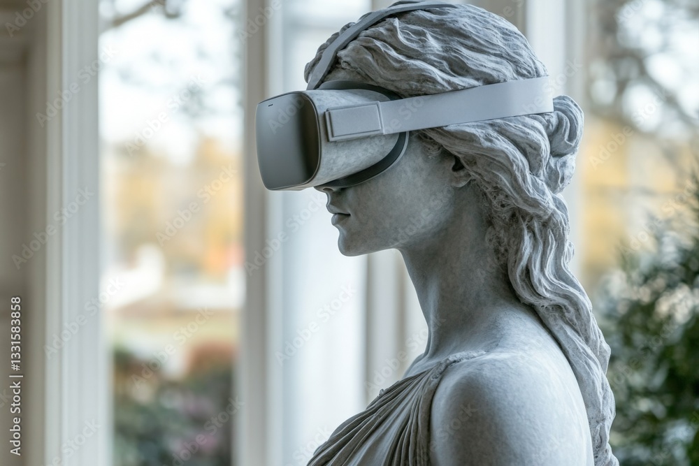 Poster classical statue wearing virtual reality headset in modern environment merges past and future in art