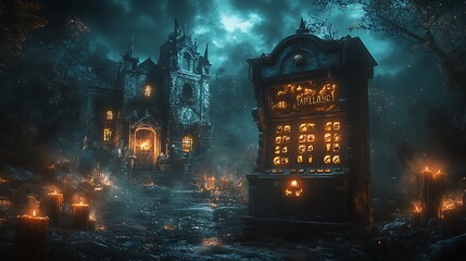 A dark, gothic Halloween slot machine surrounded by flickering black candles. The reels showcase eerie symbols—witches’ cauldrons, enchanted spell books,