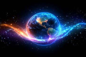 Obraz premium Vibrant depiction of Earth amidst swirling cosmic light in a dark universe