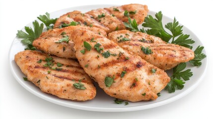 Grilled Chicken Fillets with Fresh Herbs on White Plate