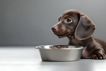 Dachshund puppy with a smooth chocolate-brown coat, gazing excitedly at a full food bowl.