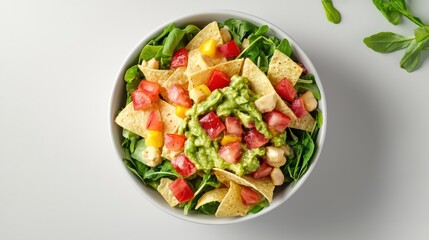 Fresh Green Salad with Tortilla Chips and Guacamole Dip Bowl