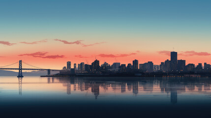 Fototapeta premium Serene Cityscape at Sunrise Over Calm Waters