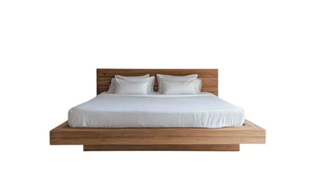 Stylish wooden bed with white bedding designed for modern bedroom interiors in a minimalist aesthetic