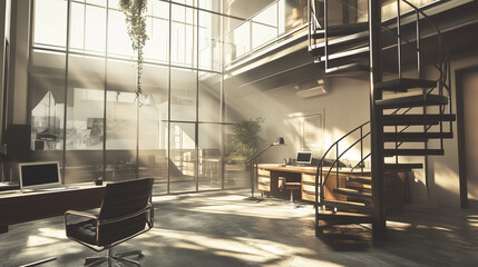 The image shows a bright, sunlit office space. The office has large windows, a spiral staircase, 