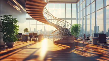 Modern, sunlit office interior with a wood spiral staircase and open workspaces.